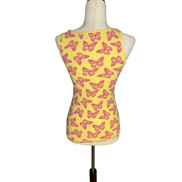Mix & Co. yellow pink butterfly ribbed stretch tank top women's size small - Picture 3 of 4